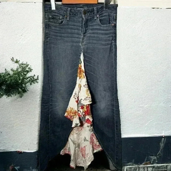 Vintage Y2K denim reworked patchwork denim  maxi skirt 4/6 - Picture 2 of 7